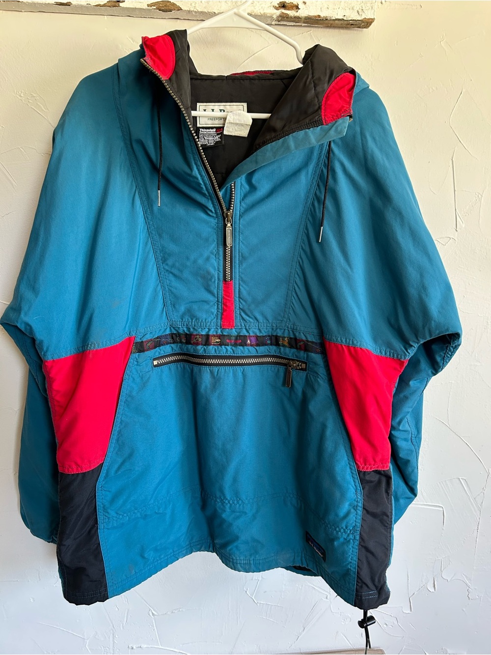 Vintage L.L. Bean Teal and Red Hooded Rain Anorak